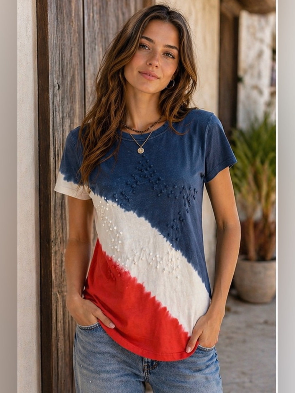 Lucky Brand USA Flag Star Tie Dye Tee Red White Blue Embellished Short Sleeve